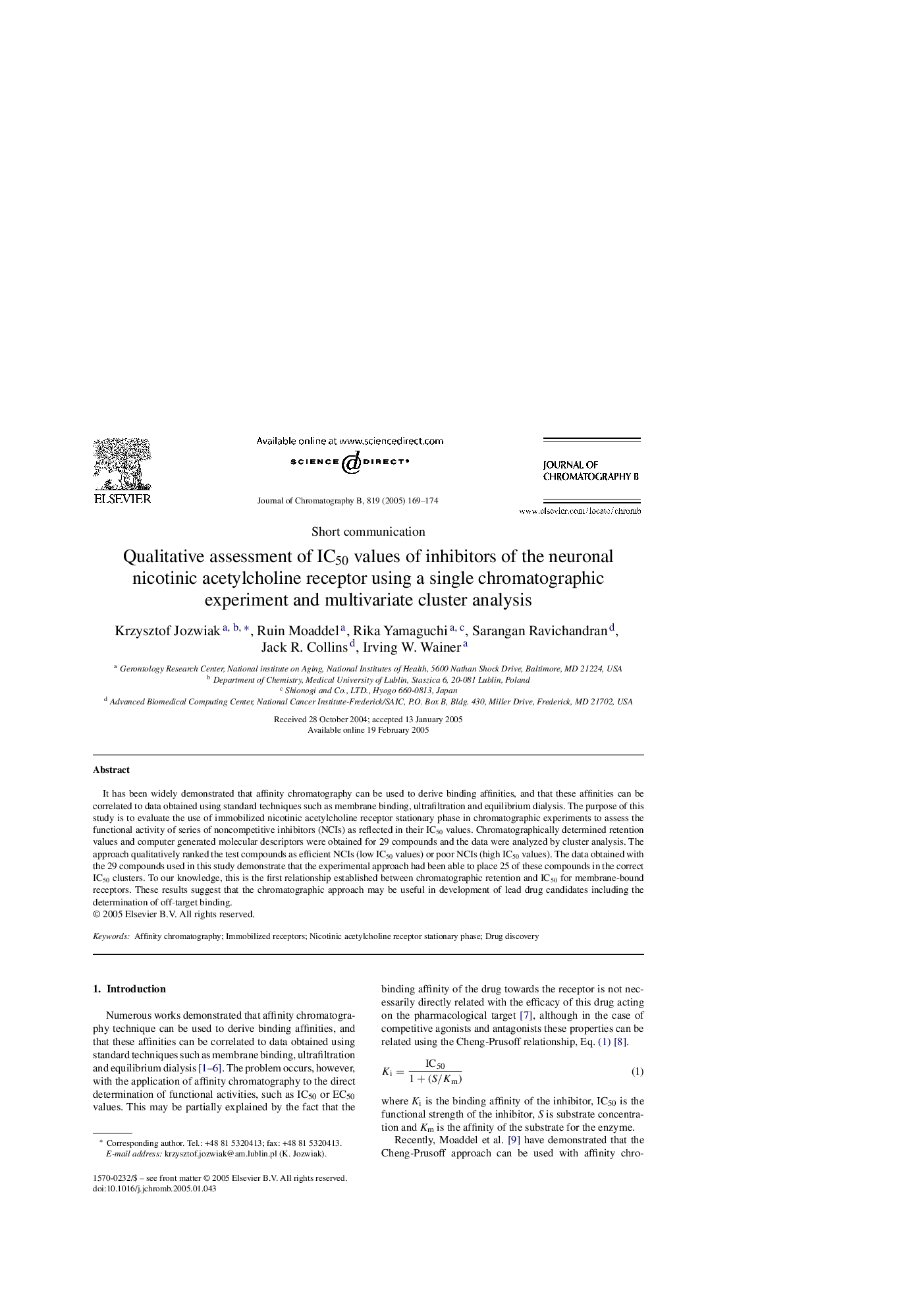 عکس صفحه اول مقاله: Qualitative assessment of IC50 values of inhibitors of the neuronal nicotinic acetylcholine receptor using a single chromatographic experiment and multivariate cluster analysis Qualitative assessment of IC50 values of inhibitors of the neuronal nicotinic acetylcholine receptor using a single chromatographic experiment and multivariate cluster analysis