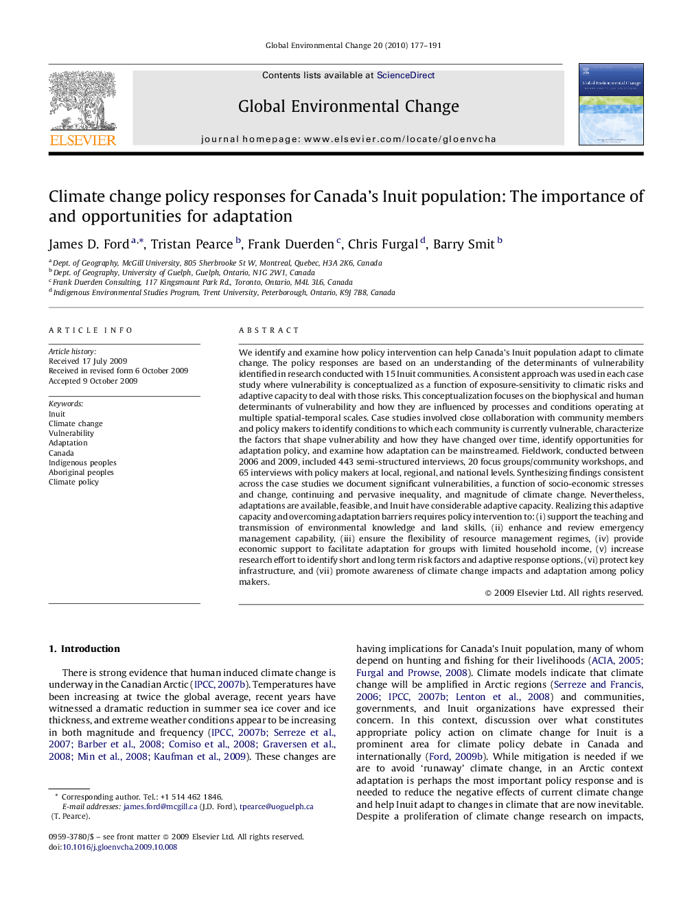 Climate change policy responses for Canada's Inuit population: The importance of and opportunities for adaptation