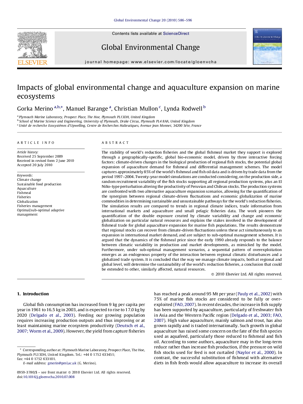 Impacts of global environmental change and aquaculture expansion on marine ecosystems