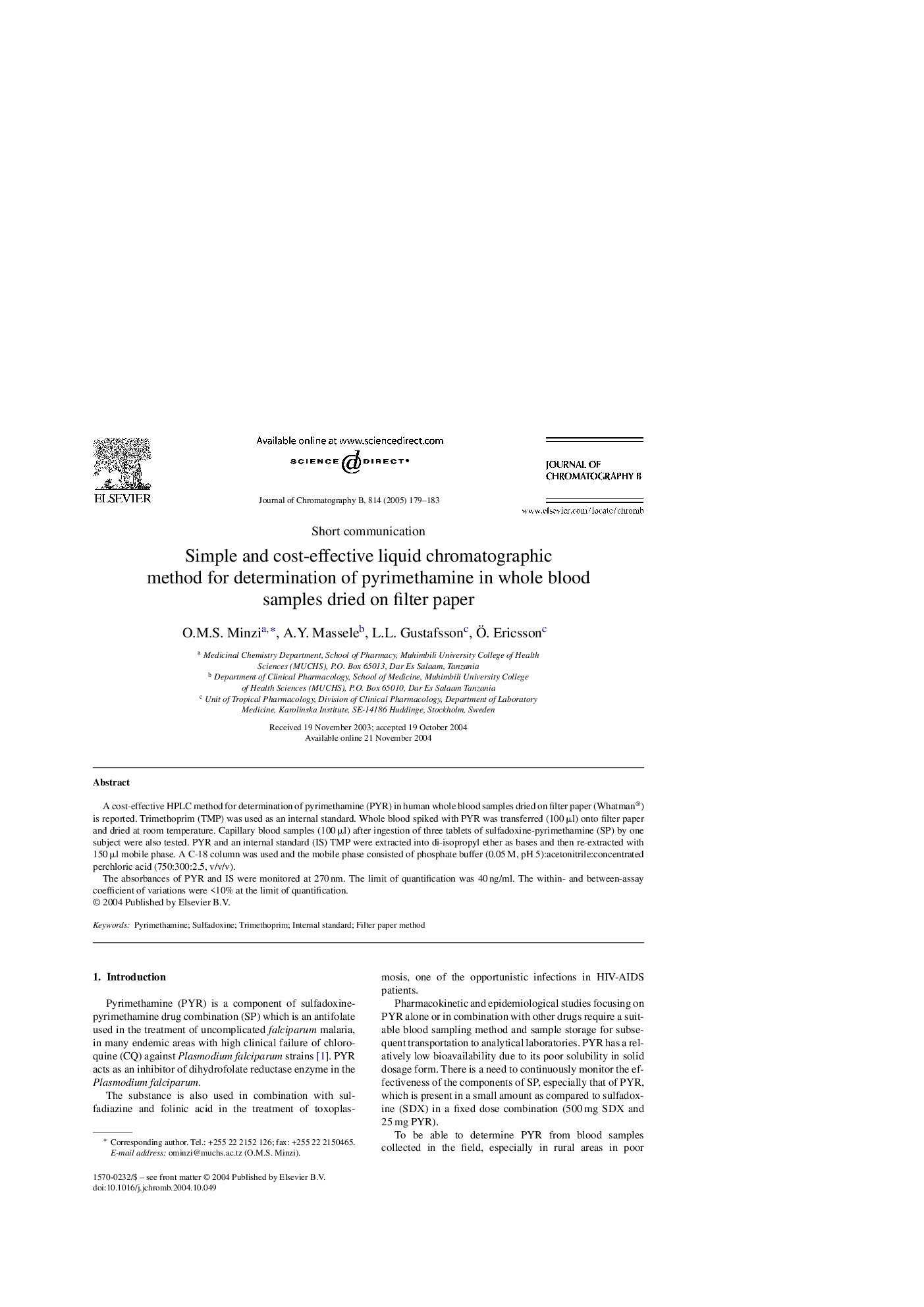 Simple and cost-effective liquid chromatographic method for determination of pyrimethamine in whole blood samples dried on filter paper