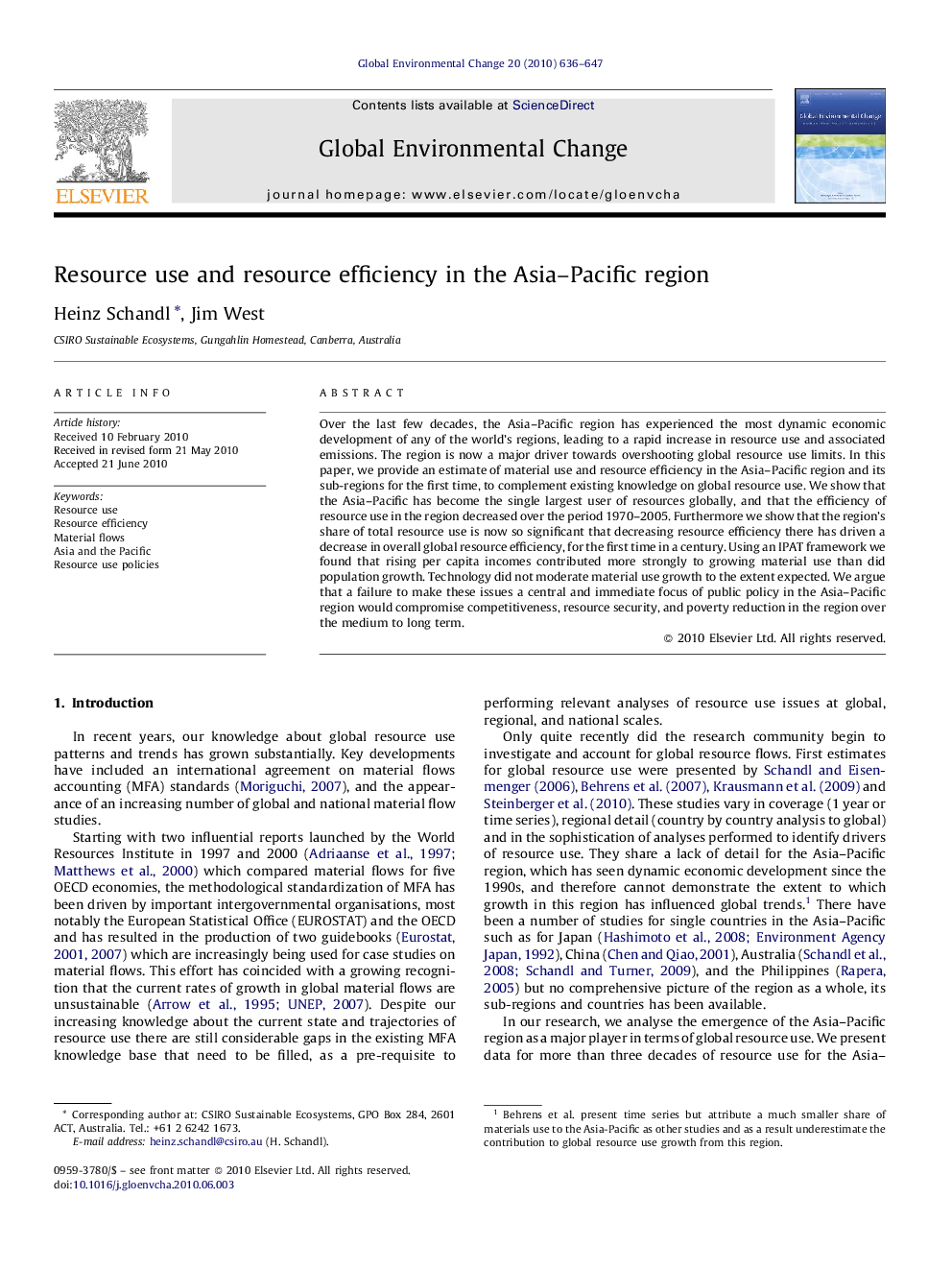 Resource use and resource efficiency in the Asia–Pacific region