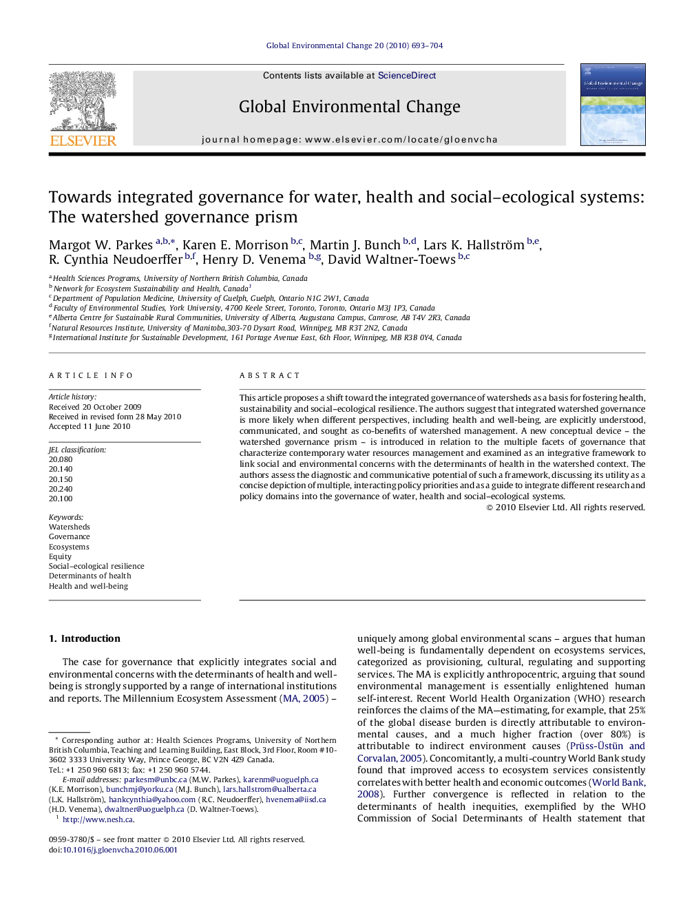 Towards integrated governance for water, health and social–ecological systems: The watershed governance prism