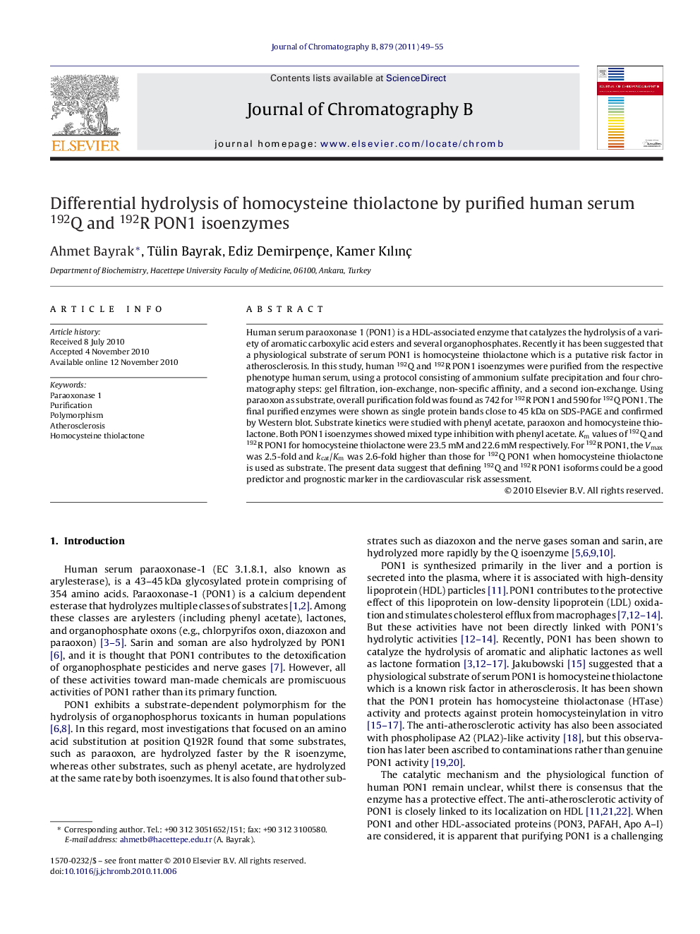 Differential hydrolysis of homocysteine thiolactone by purified human serum 192Q and 192R PON1 isoenzymes