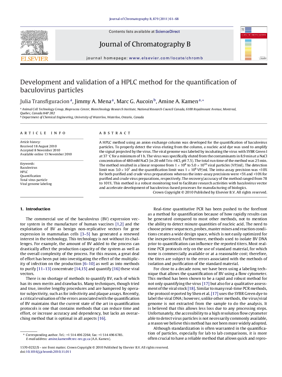 Development and validation of a HPLC method for the quantification of baculovirus particles