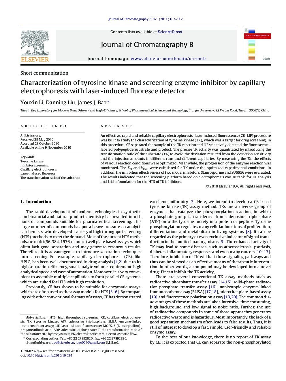 Characterization of tyrosine kinase and screening enzyme inhibitor by capillary electrophoresis with laser-induced fluoresce detector