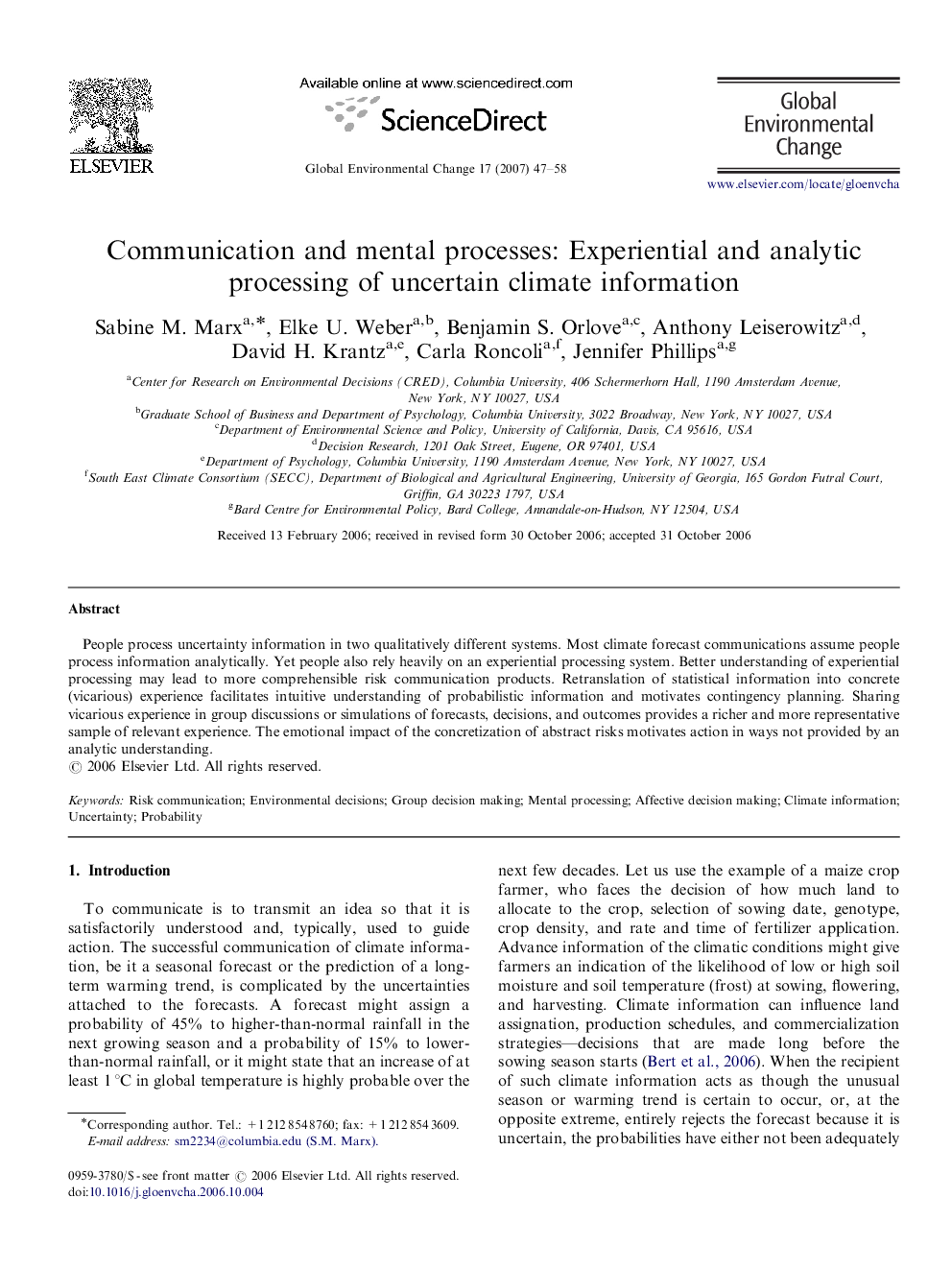 Communication and mental processes: Experiential and analytic processing of uncertain climate information