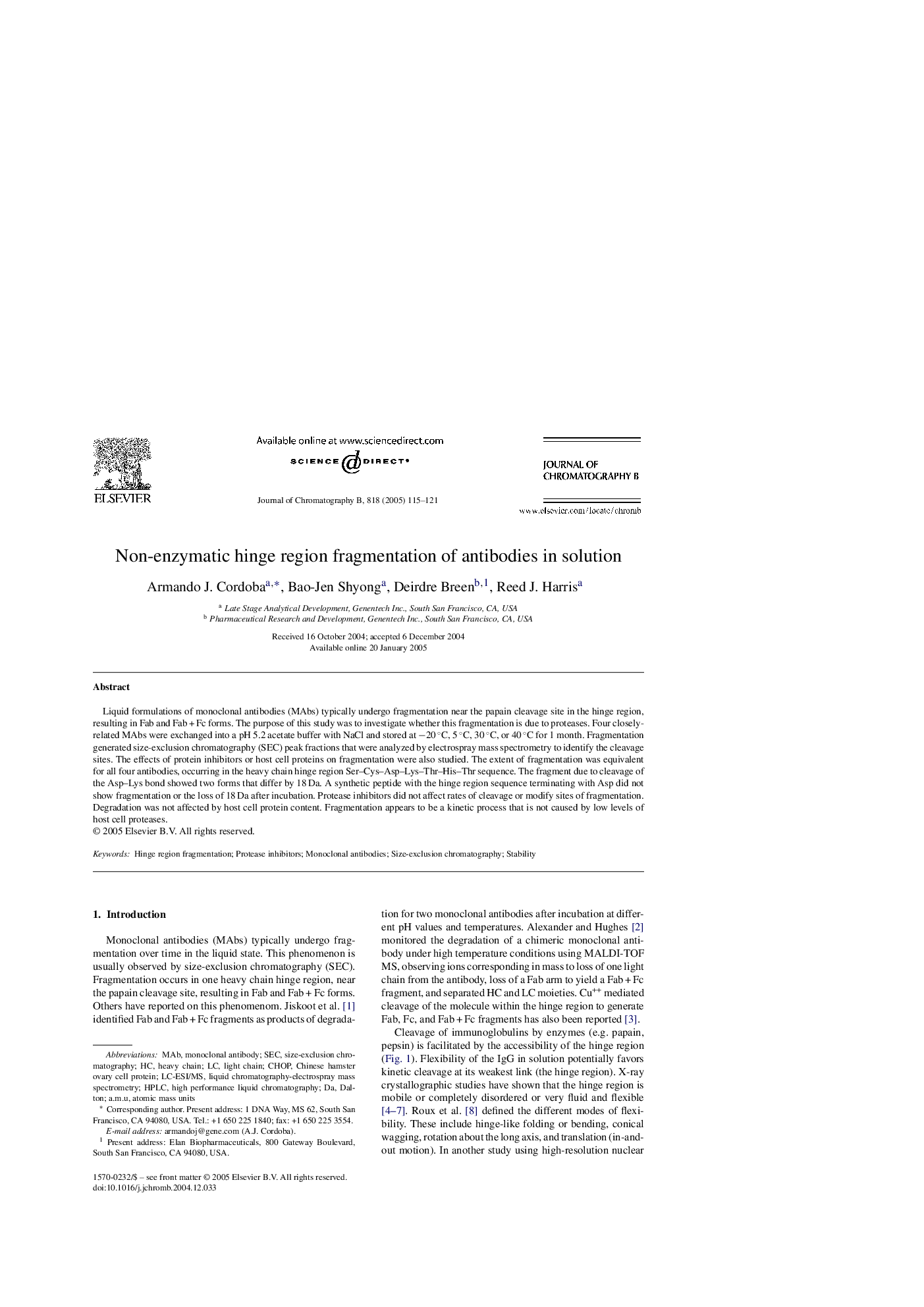 Non-enzymatic hinge region fragmentation of antibodies in solution