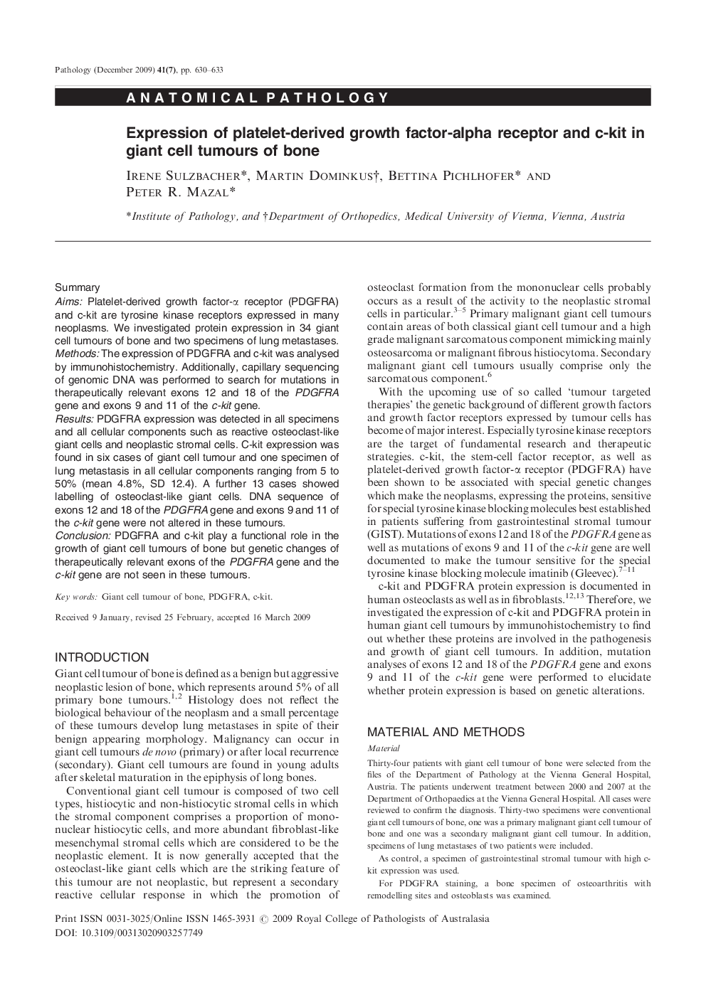 Expression of platelet-derived growth factor-alpha receptor and c-kit in giant cell tumours of bone