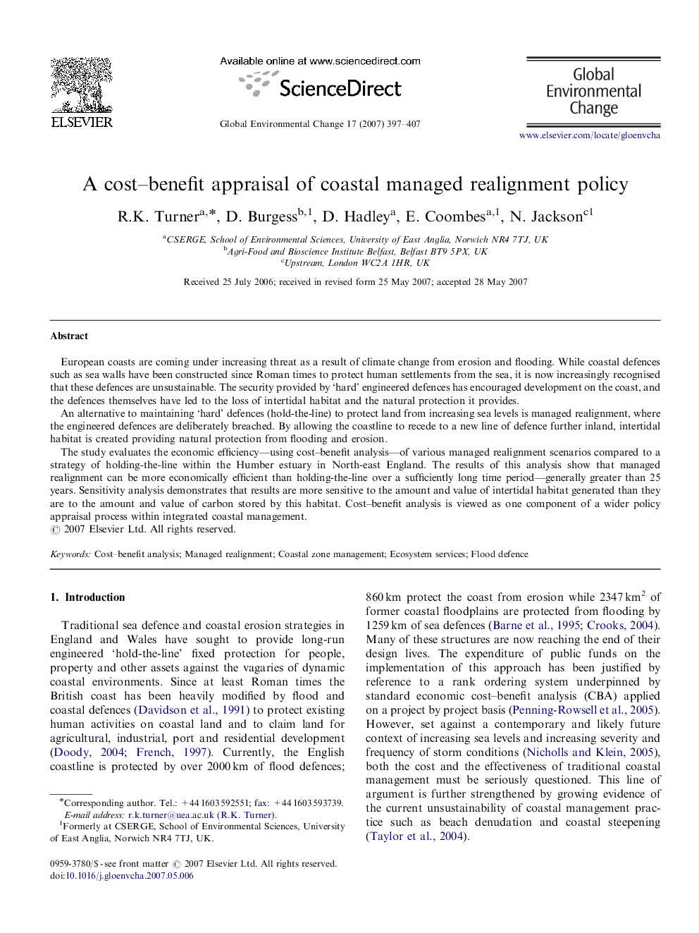 A cost–benefit appraisal of coastal managed realignment policy