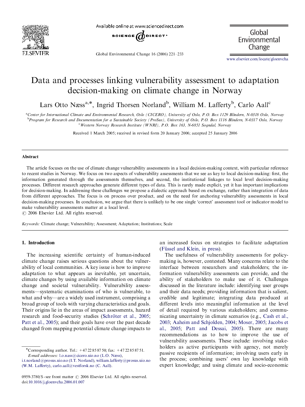 Data and processes linking vulnerability assessment to adaptation decision-making on climate change in Norway