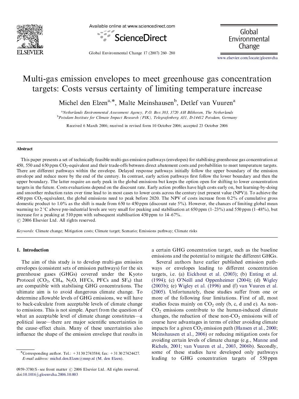 Multi-gas emission envelopes to meet greenhouse gas concentration targets: Costs versus certainty of limiting temperature increase