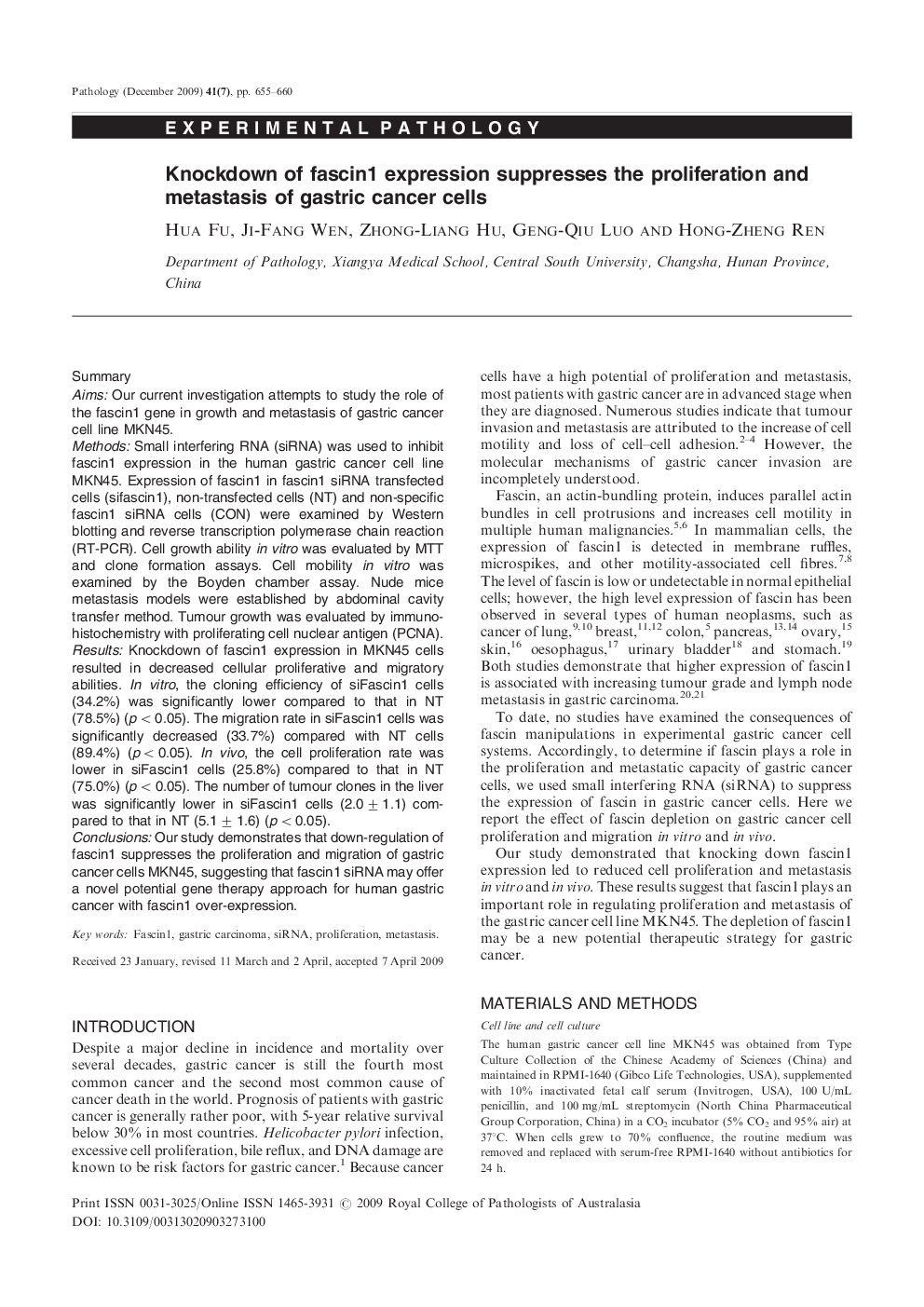 Knockdown of fascin1 expression suppresses the proliferation and metastasis of gastric cancer cells