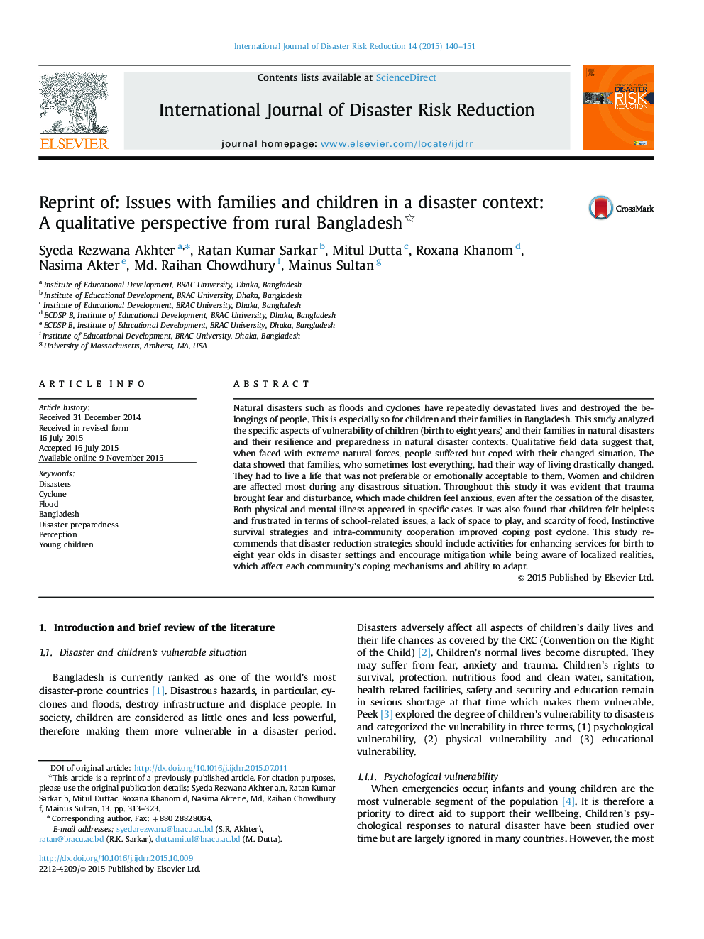 Reprint of: Issues with families and children in a disaster context: A qualitative perspective from rural Bangladesh 