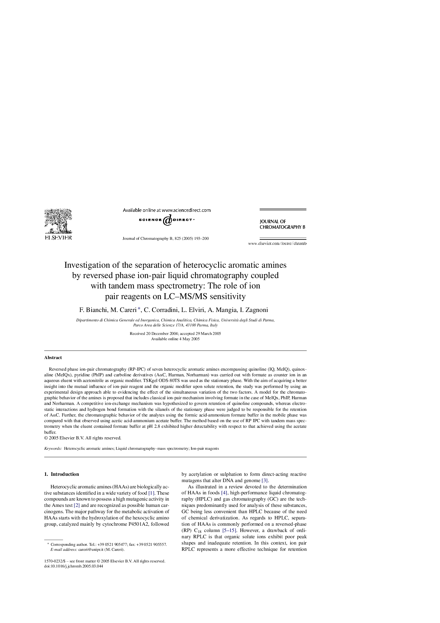 عکس صفحه اول مقاله: Investigation of the separation of heterocyclic aromatic amines by reversed phase ion-pair liquid chromatography coupled with tandem mass spectrometry: The role of ion pair reagents on LC-MS/MS sensitivity Investigation of the separation of heterocyclic aromatic amines by reversed phase ion-pair liquid chromatography coupled with tandem mass spectrometry: The role of ion pair reagents on LC-MS/MS sensitivity