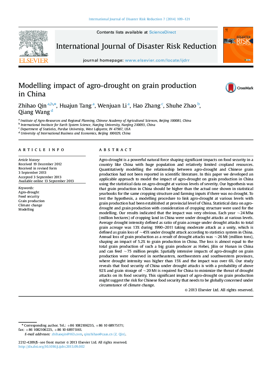 Modelling impact of agro-drought on grain production in China