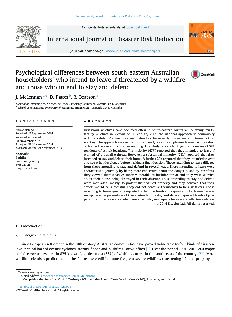 Psychological differences between south-eastern Australian householders' who intend to leave if threatened by a wildfire and those who intend to stay and defend