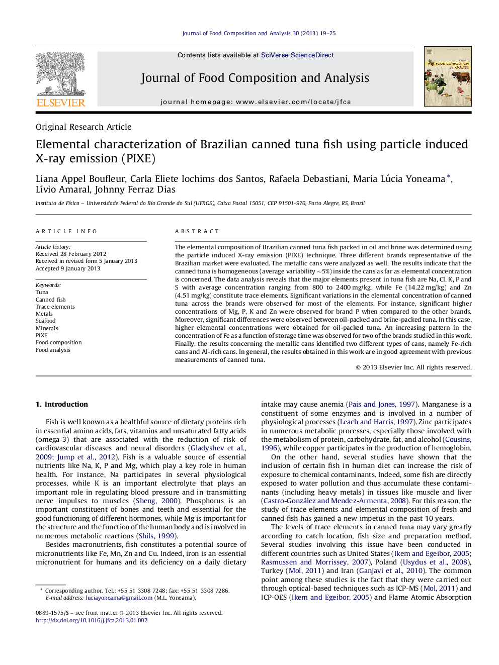 Elemental characterization of Brazilian canned tuna fish using particle induced X-ray emission (PIXE)