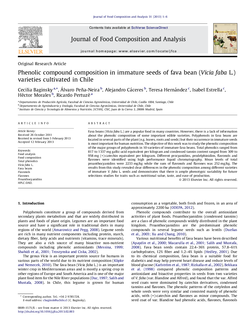 Phenolic compound composition in immature seeds of fava bean (Vicia faba L.) varieties cultivated in Chile