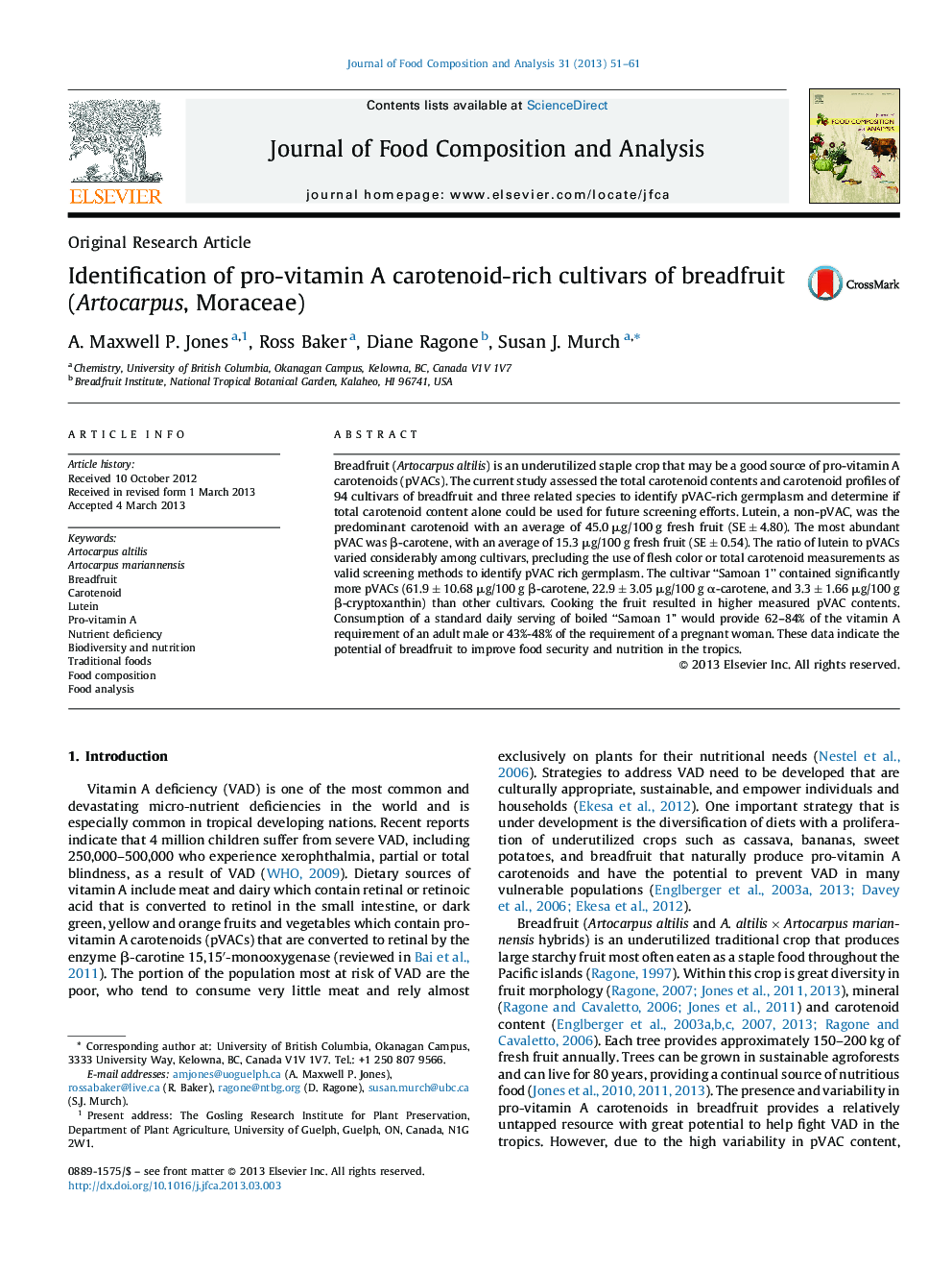 Identification of pro-vitamin A carotenoid-rich cultivars of breadfruit (Artocarpus, Moraceae)