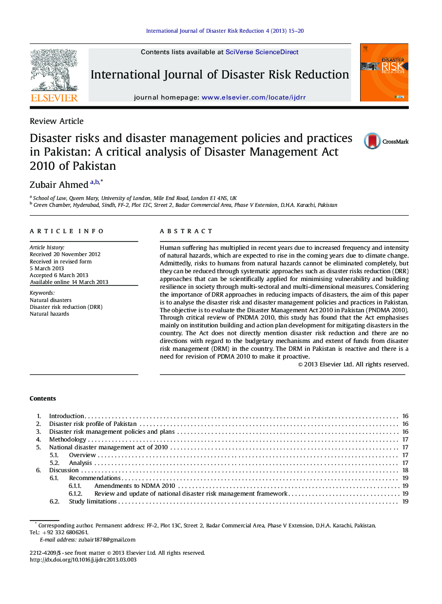 Disaster risks and disaster management policies and practices in Pakistan: A critical analysis of Disaster Management Act 2010 of Pakistan