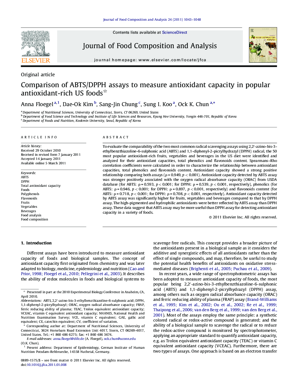 Comparison of ABTS/DPPH assays to measure antioxidant capacity in popular antioxidant-rich US foods