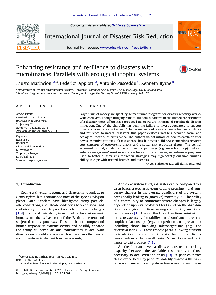 Enhancing resistance and resilience to disasters with microfinance: Parallels with ecological trophic systems