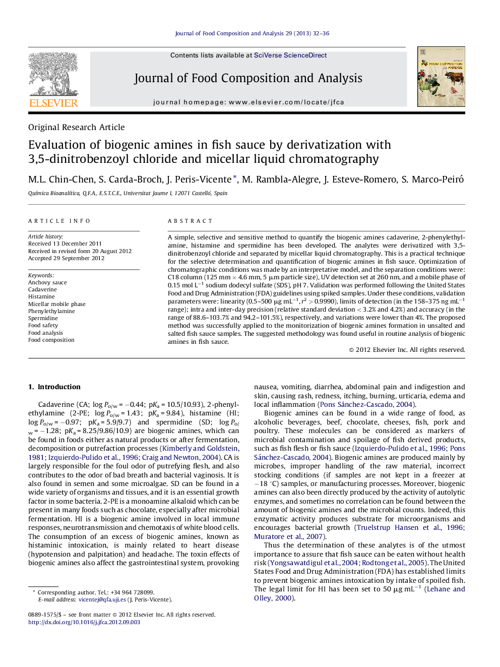 Evaluation of biogenic amines in fish sauce by derivatization with 3,5-dinitrobenzoyl chloride and micellar liquid chromatography