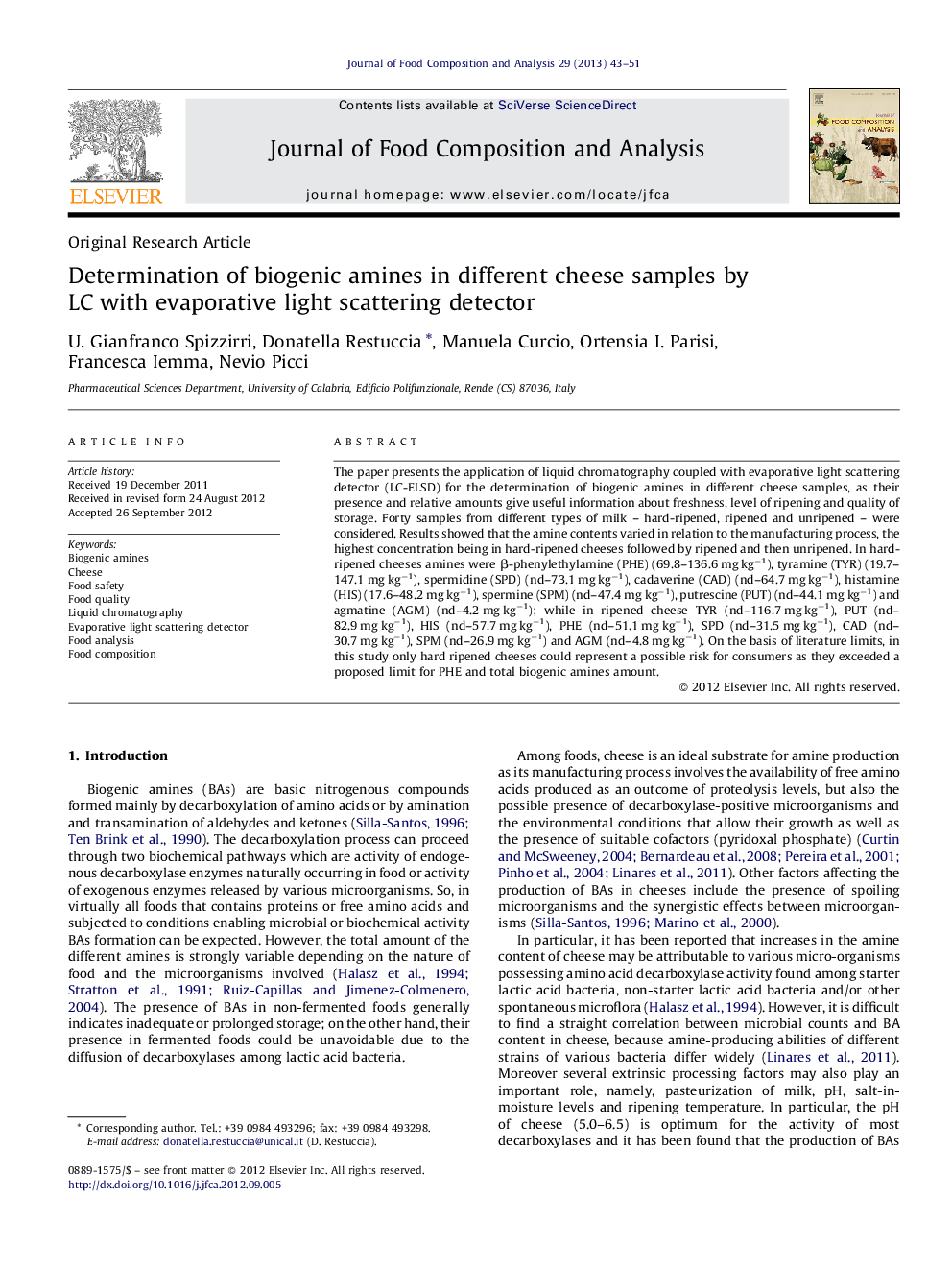 Determination of biogenic amines in different cheese samples by LC with evaporative light scattering detector