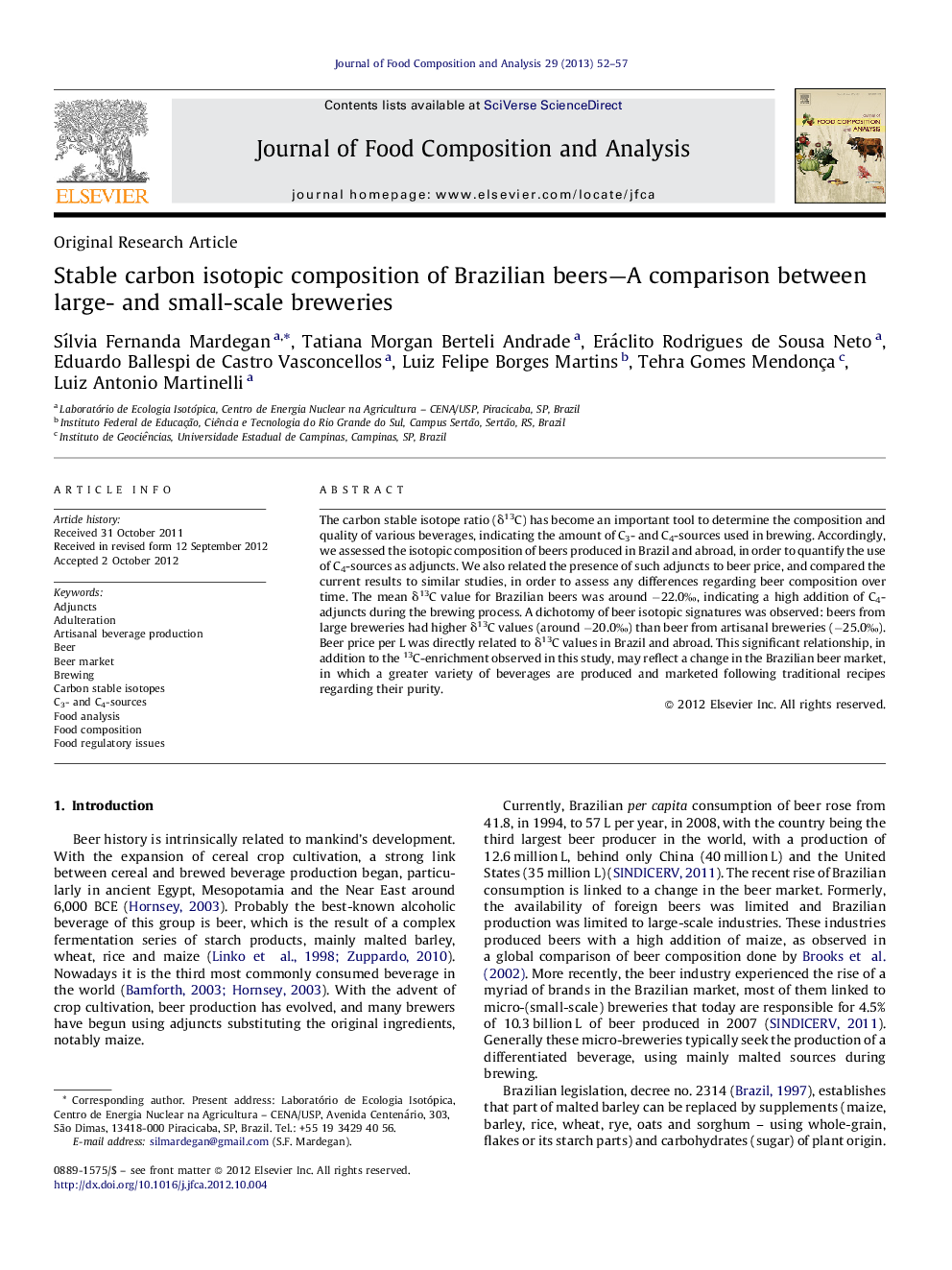 Stable carbon isotopic composition of Brazilian beers-A comparison between large- and small-scale breweries