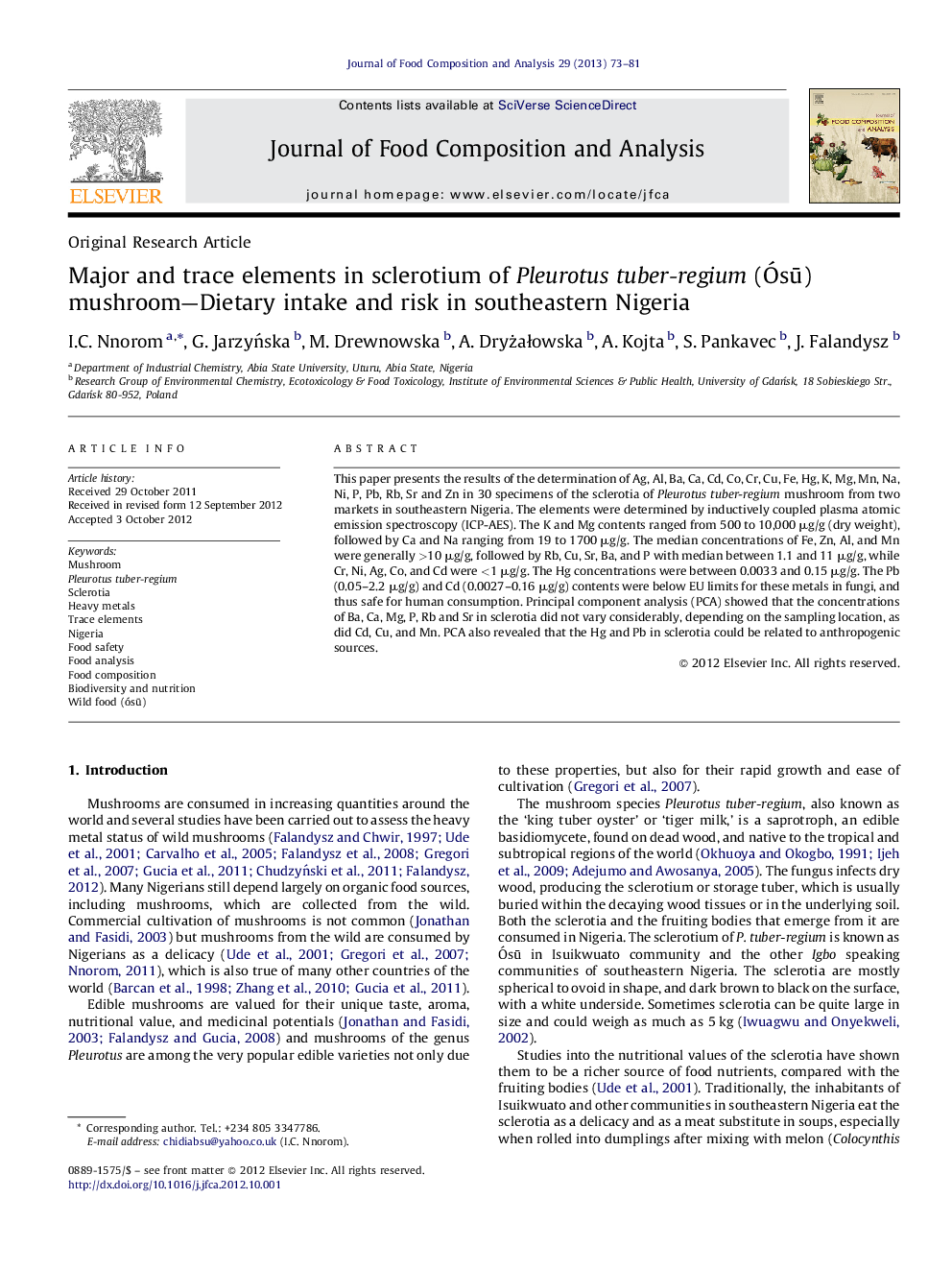 Major and trace elements in sclerotium of Pleurotus tuber-regium (ÃsÅ«) mushroom-Dietary intake and risk in southeastern Nigeria