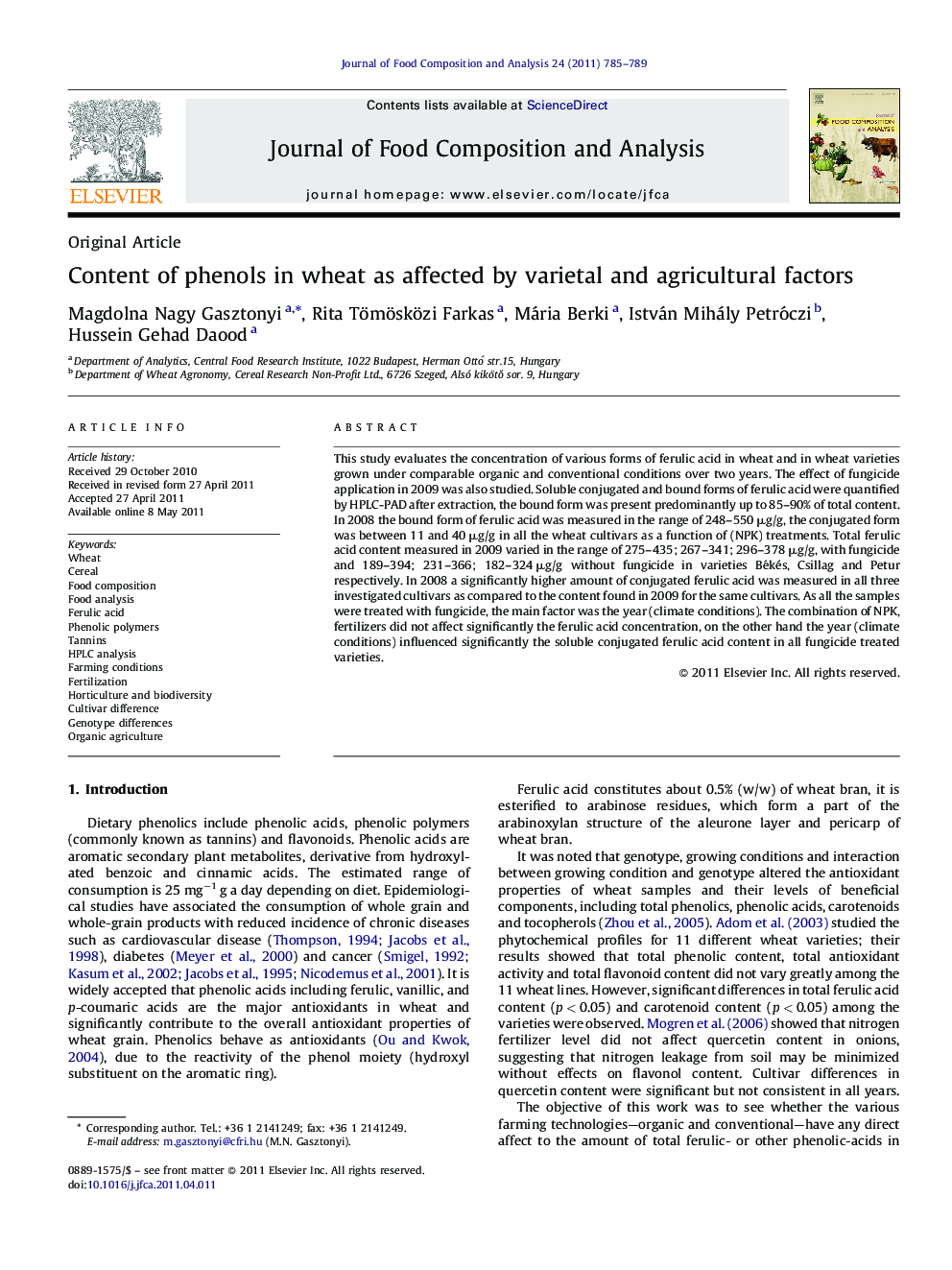 Content of phenols in wheat as affected by varietal and agricultural factors