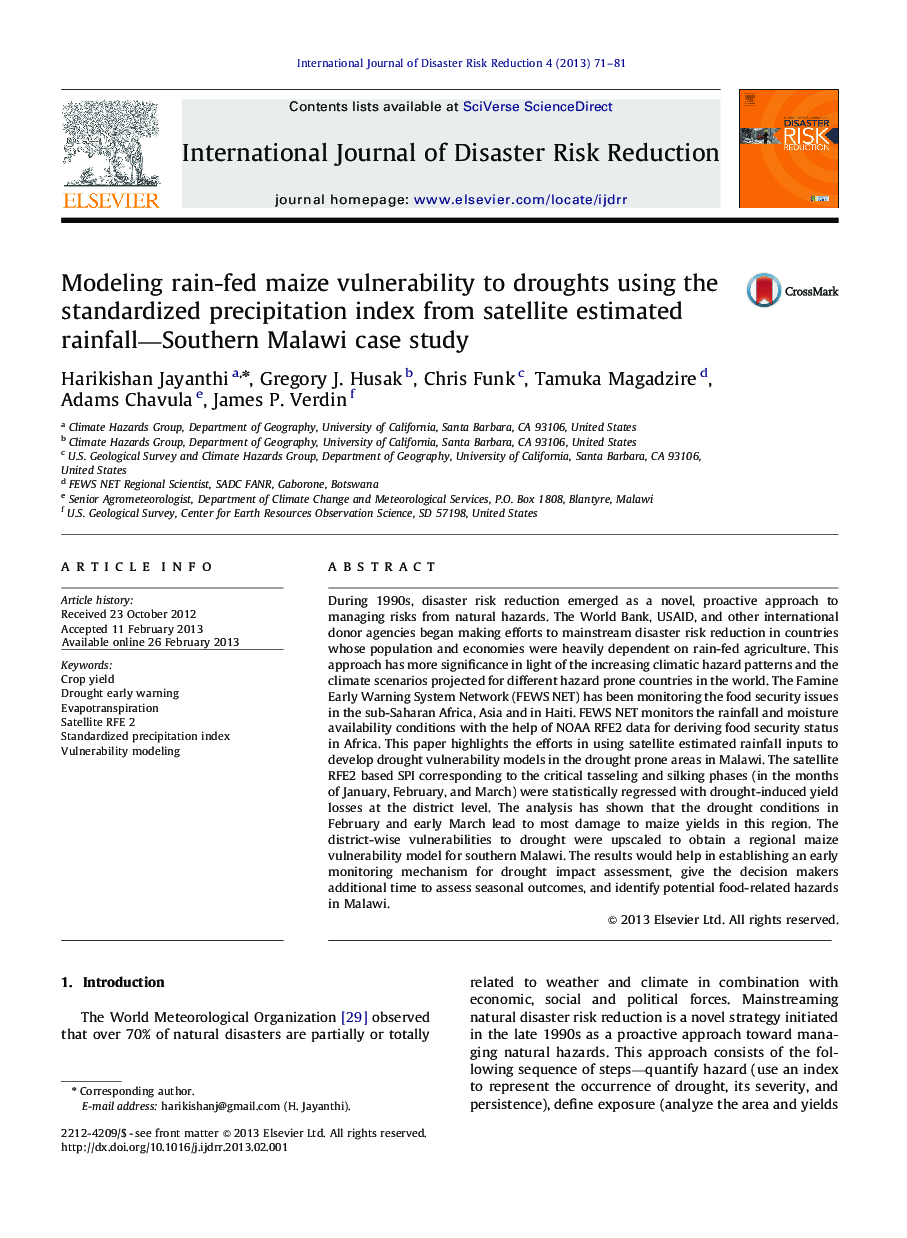 Modeling rain-fed maize vulnerability to droughts using the standardized precipitation index from satellite estimated rainfall—Southern Malawi case study