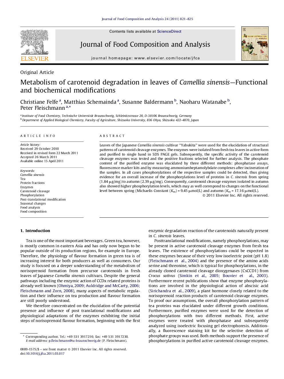 عکس صفحه اول مقاله: Metabolism of carotenoid degradation in leaves of Camellia sinensis-Functional and biochemical modifications Metabolism of carotenoid degradation in leaves of Camellia sinensis-Functional and biochemical modifications
