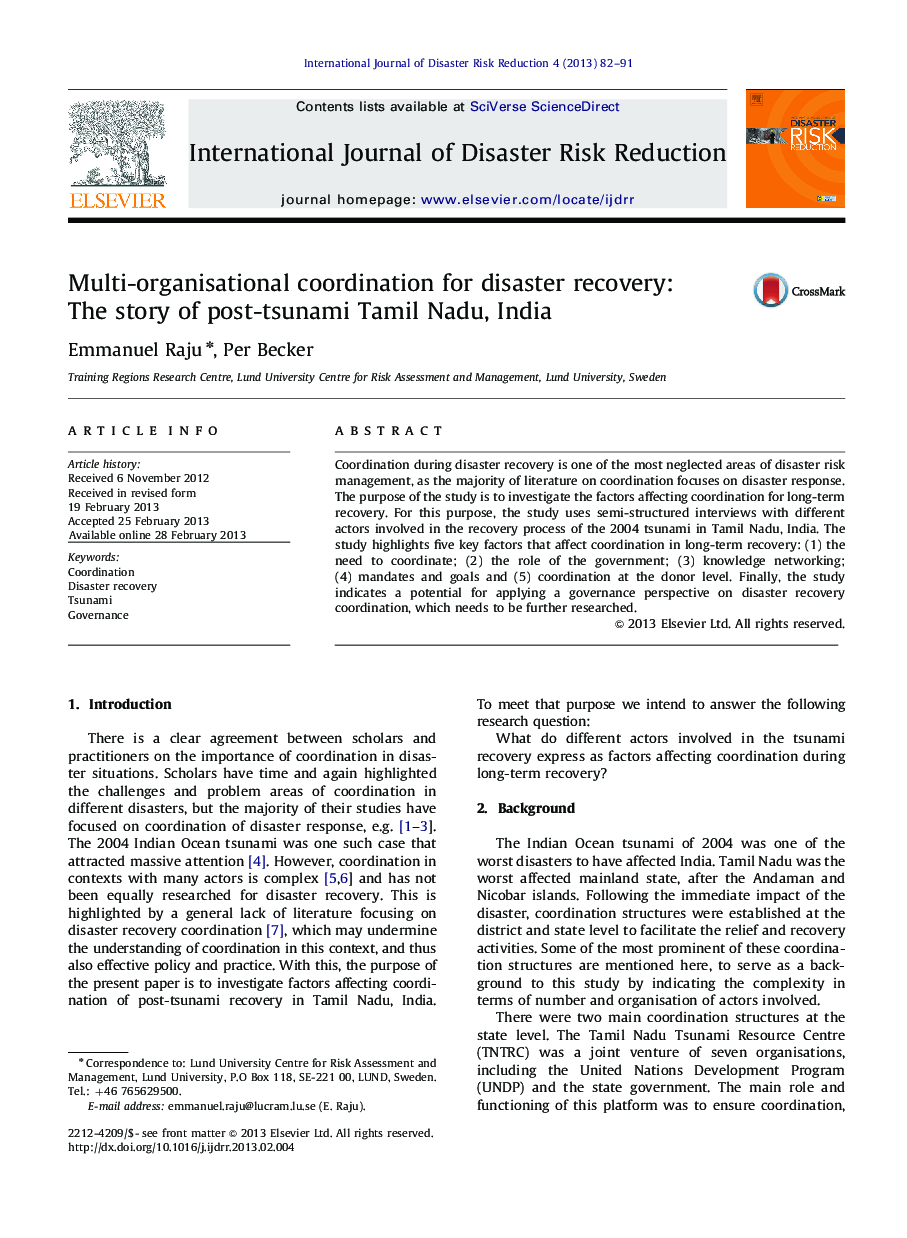 Multi-organisational coordination for disaster recovery: The story of post-tsunami Tamil Nadu, India