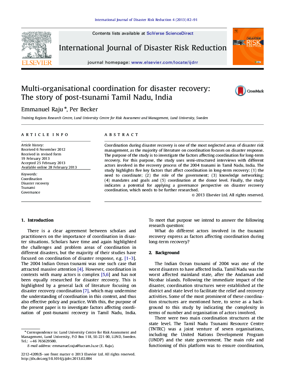 عکس صفحه اول مقاله: Multi-organisational coordination for disaster recovery: The story of post-tsunami Tamil Nadu, India Multi-organisational coordination for disaster recovery: The story of post-tsunami Tamil Nadu, India