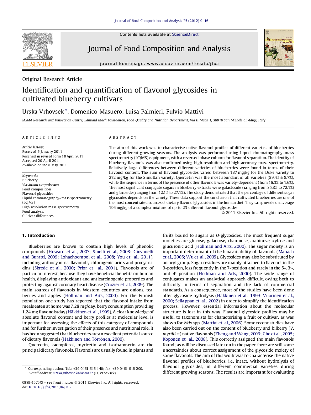 Identification and quantification of flavonol glycosides in cultivated blueberry cultivars