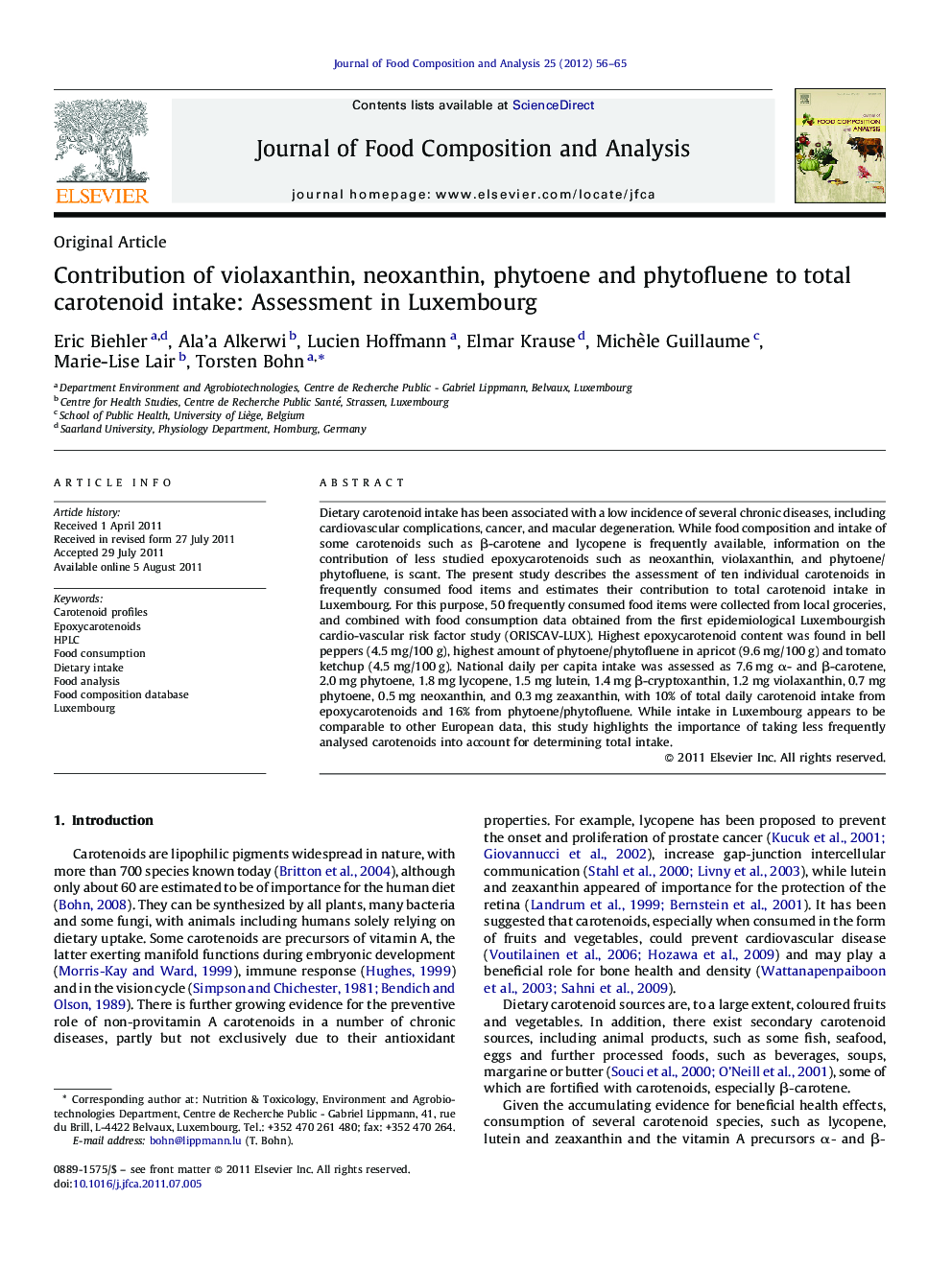 Contribution of violaxanthin, neoxanthin, phytoene and phytofluene to total carotenoid intake: Assessment in Luxembourg