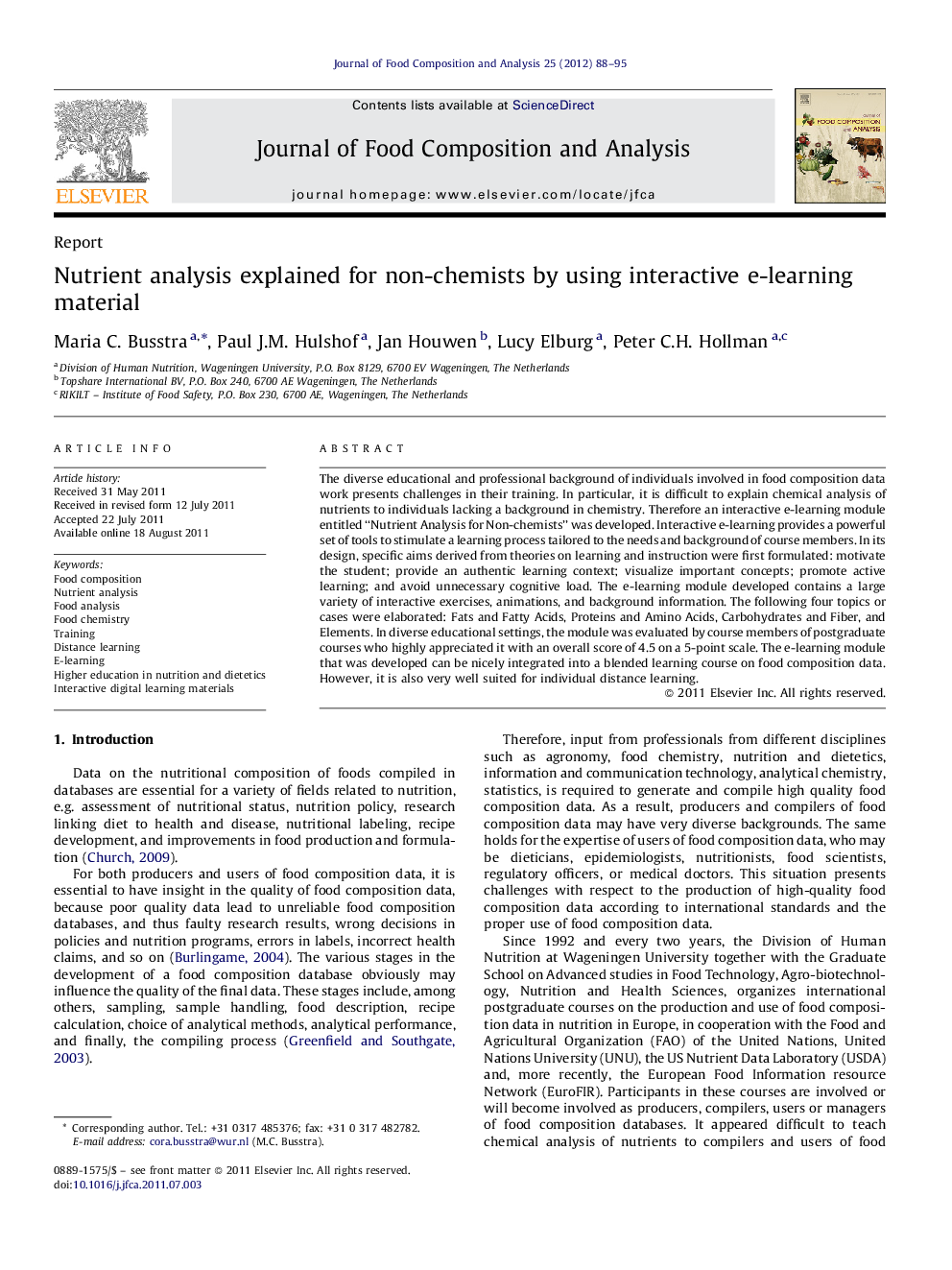 Nutrient analysis explained for non-chemists by using interactive e-learning material