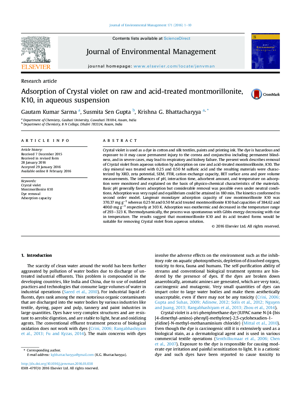 Adsorption of Crystal violet on raw and acid-treated montmorillonite, K10, in aqueous suspension