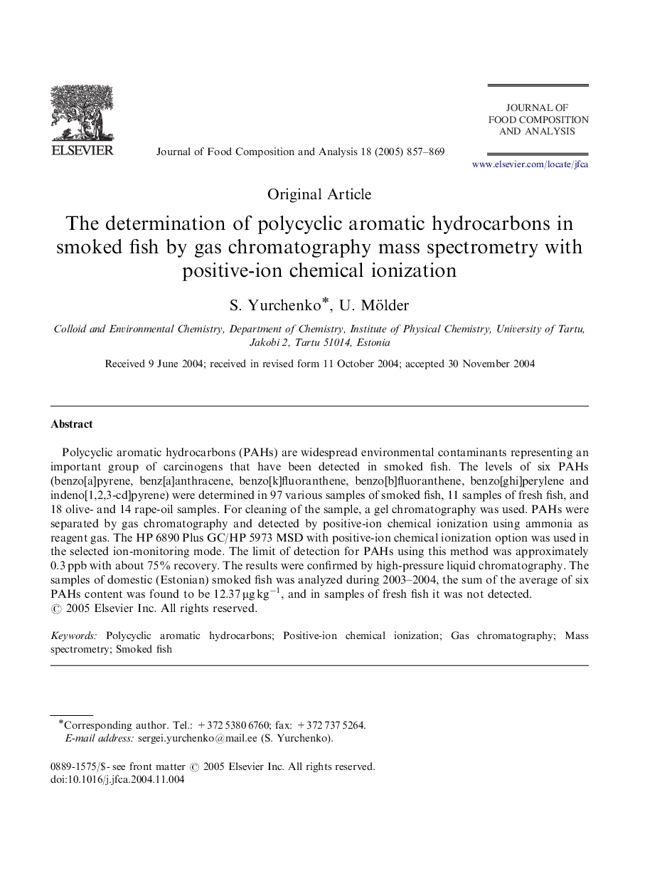 The determination of polycyclic aromatic hydrocarbons in smoked fish by gas chromatography mass spectrometry with positive-ion chemical ionization