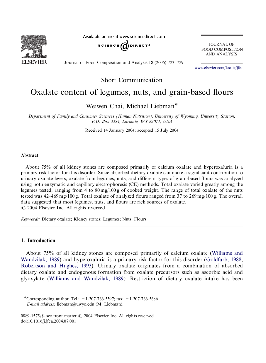 Oxalate content of legumes, nuts, and grain-based flours