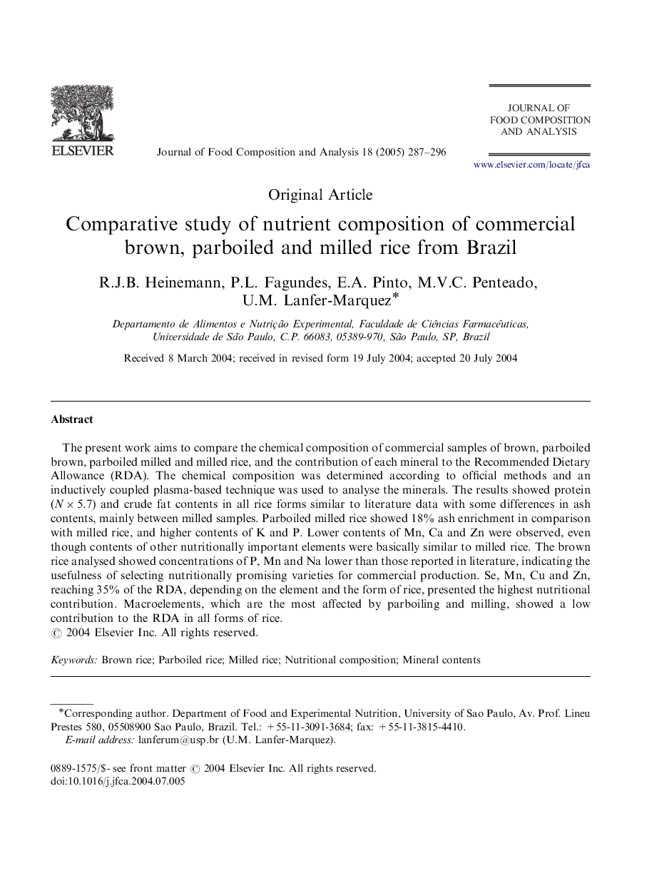 Comparative study of nutrient composition of commercial brown, parboiled and milled rice from Brazil