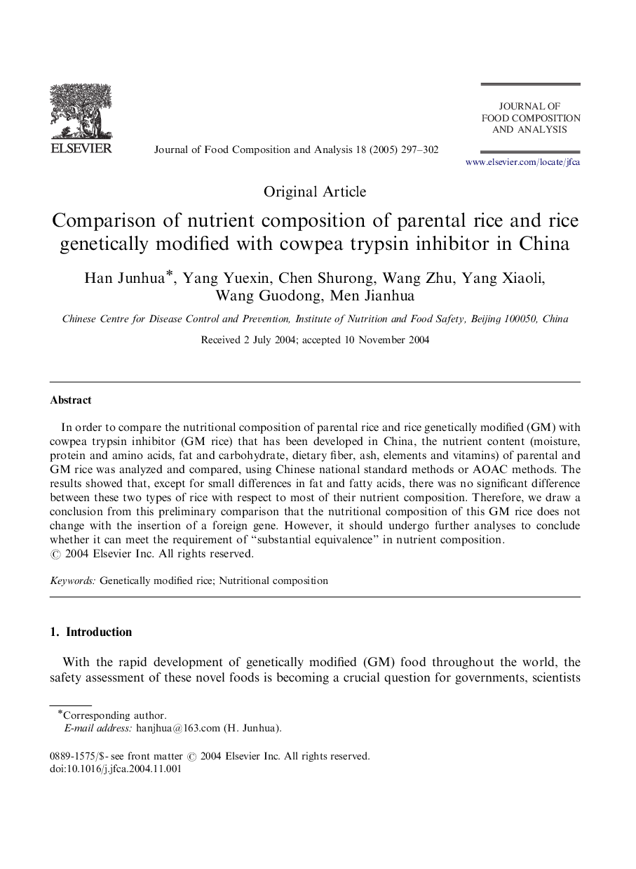 Comparison of nutrient composition of parental rice and rice genetically modified with cowpea trypsin inhibitor in China