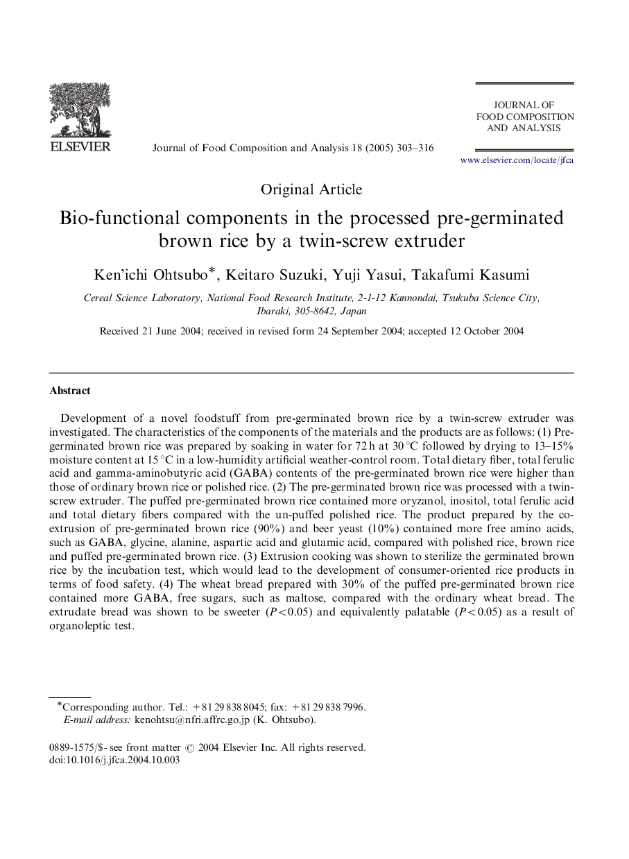 Bio-functional components in the processed pre-germinated brown rice by a twin-screw extruder