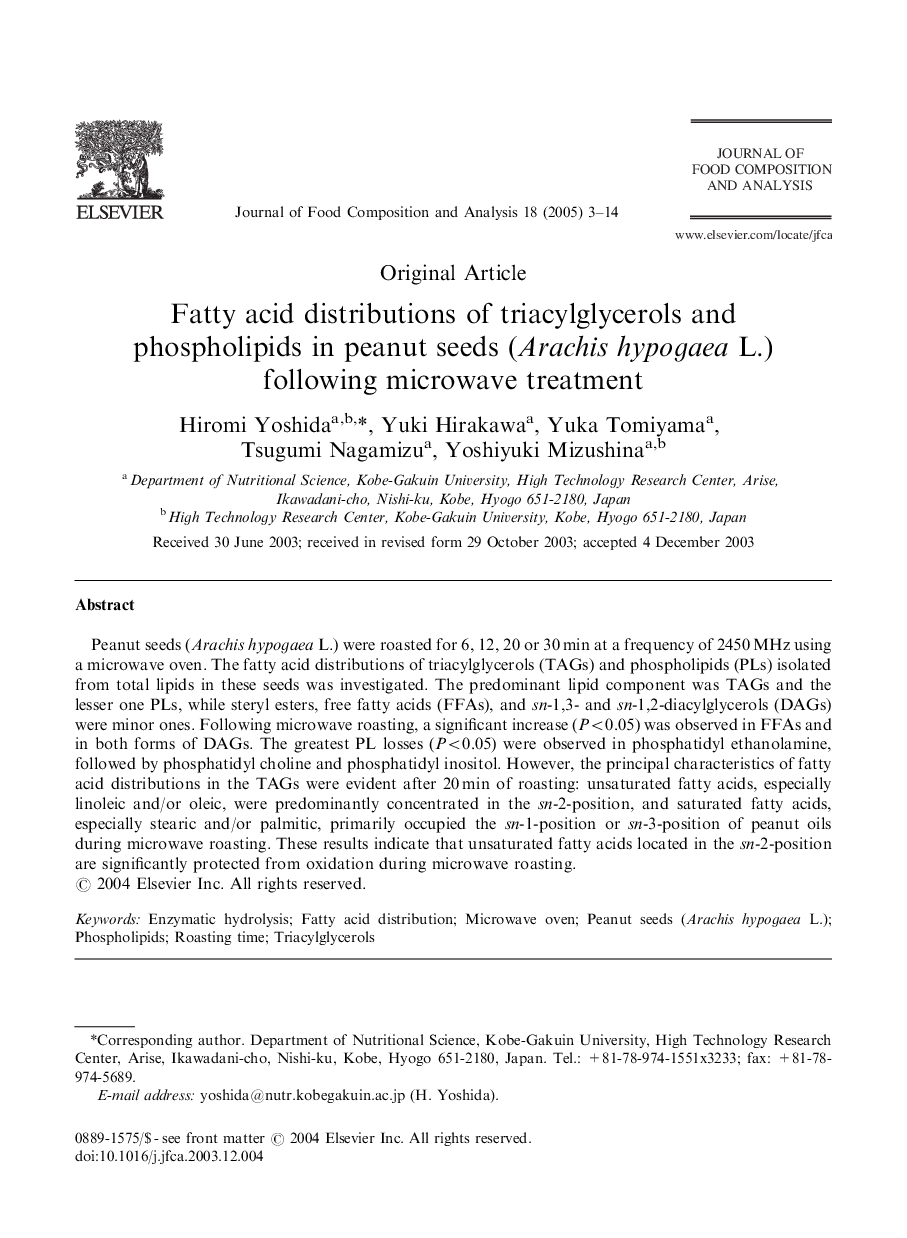 Fatty acid distributions of triacylglycerols and phospholipids in peanut seeds (Arachis hypogaea L.) following microwave treatment