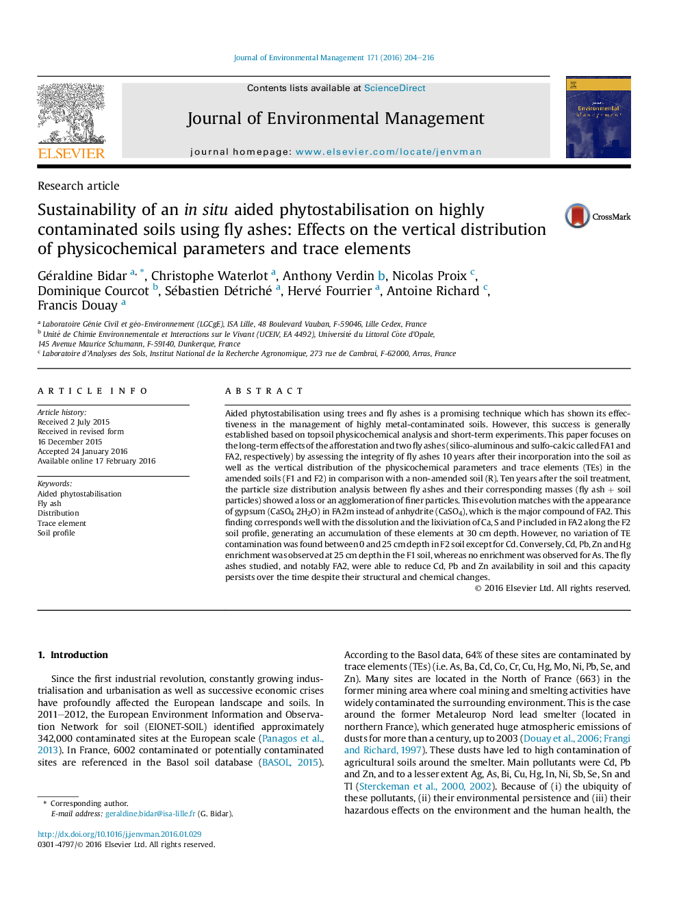 Sustainability of an in situ aided phytostabilisation on highly contaminated soils using fly ashes: Effects on the vertical distribution of physicochemical parameters and trace elements