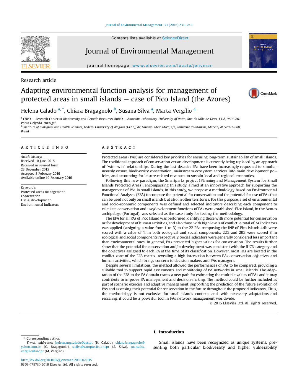 Adapting environmental function analysis for management of protected areas in small islands – case of Pico Island (the Azores)