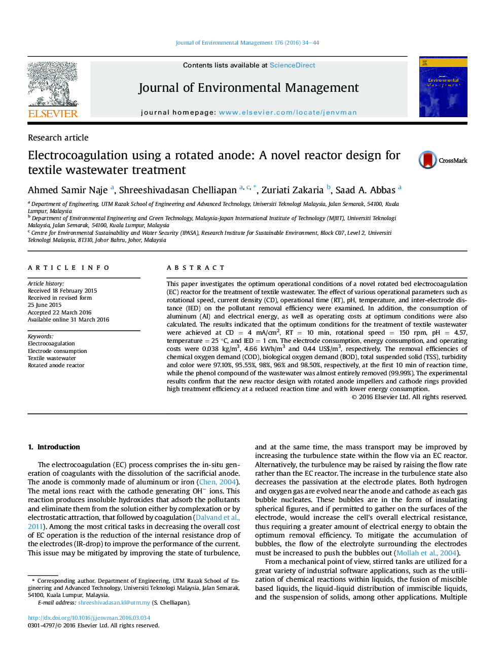 Electrocoagulation using a rotated anode: A novel reactor design for textile wastewater treatment