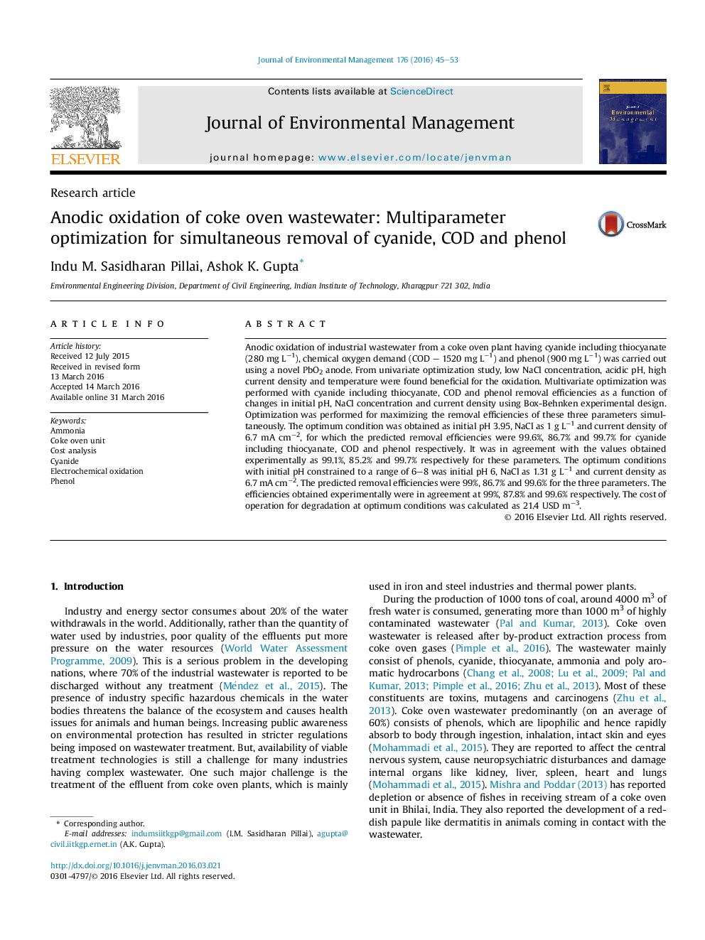 Anodic oxidation of coke oven wastewater: Multiparameter optimization for simultaneous removal of cyanide, COD and phenol