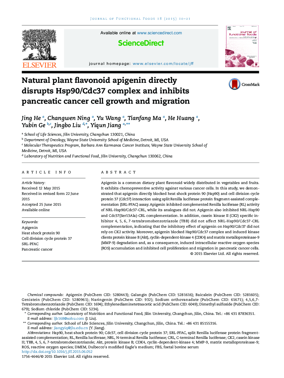 Natural plant flavonoid apigenin directly disrupts Hsp90/Cdc37 complex and inhibits pancreatic cancer cell growth and migration